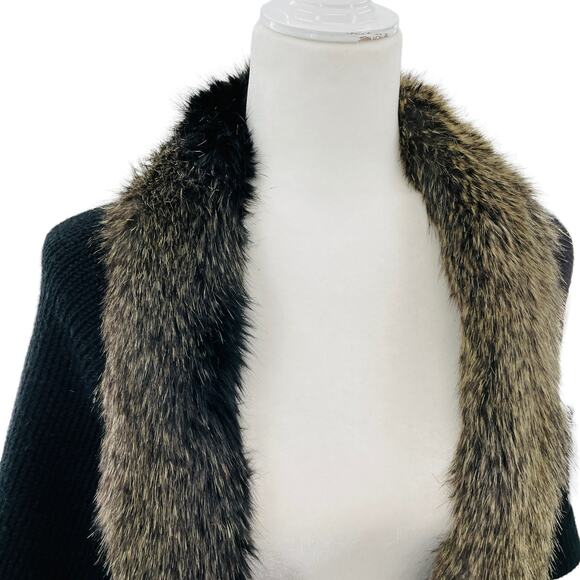 Alberto Makali Black Loose Knit Designer Faux Fur Trim Caplet Sweater Cardigan L - Picture 6 of 13